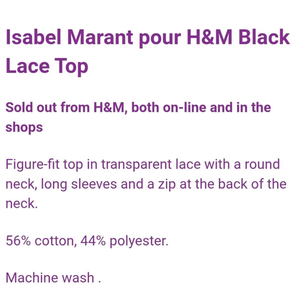 ISABEL MARANT Pour H&M Black Lace Sheer Patterned Top - New and Gorgeous! - Picture 9 of 16
